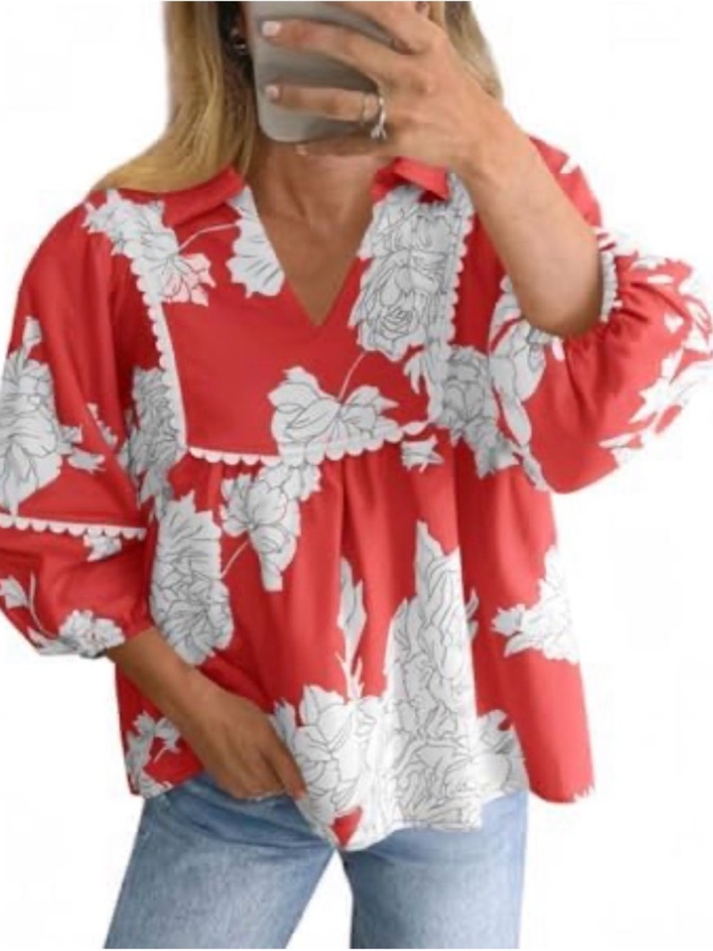 Red Floral V-Neck Babydoll Blouse